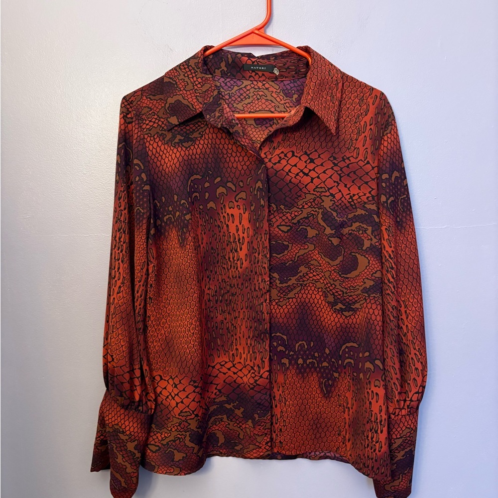 Natori Purple & orange dragon snake cobra‎ print blouse button-up long sleeves M
